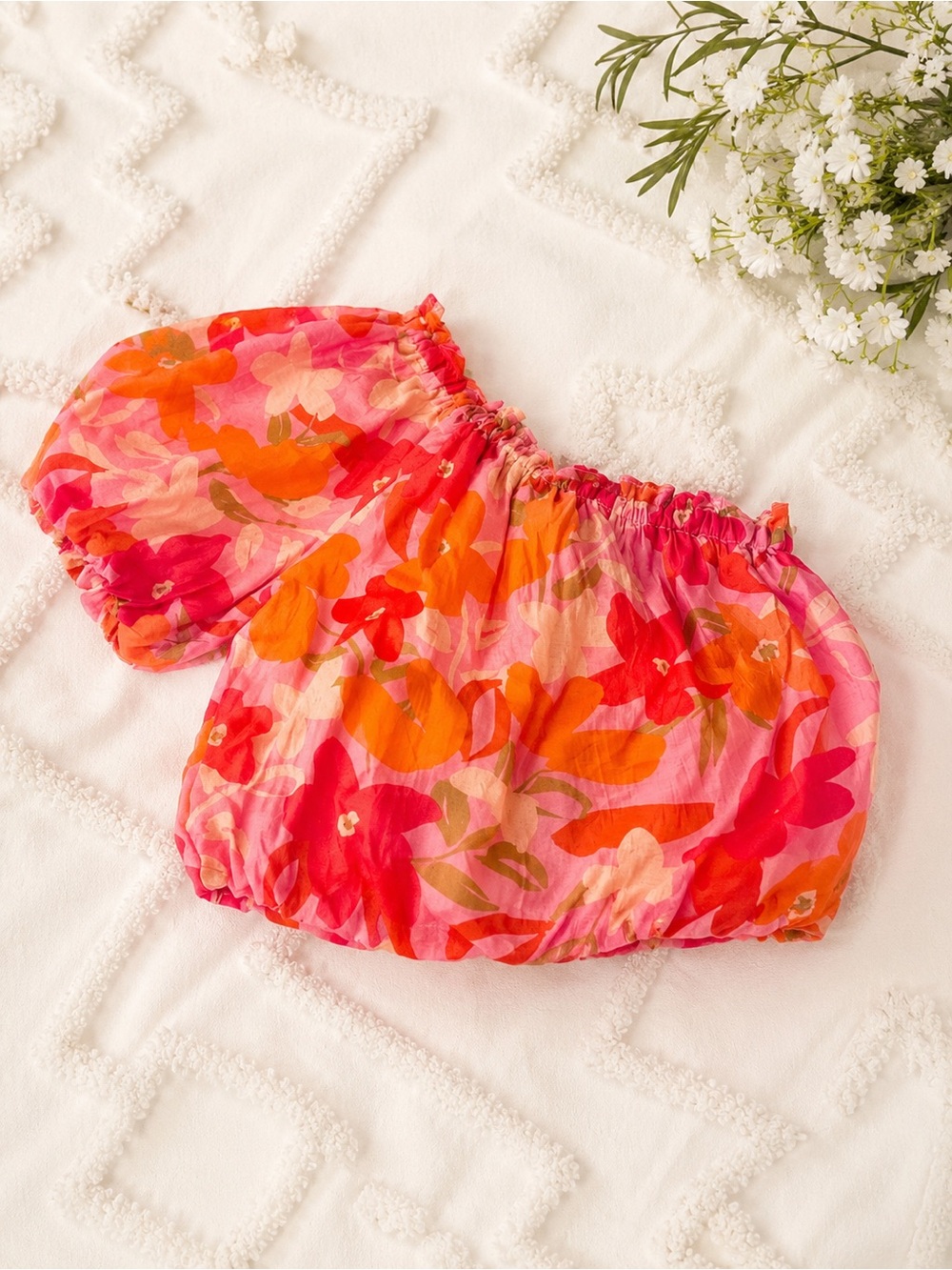 Floral Off-Shoulder Crop Top in Pink & Orange